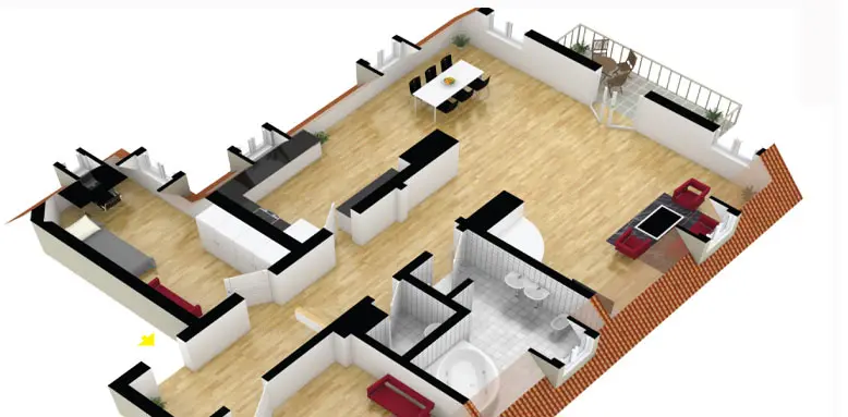 3D-Grundriss einer Dachgeschosswohnung mit Möblierung